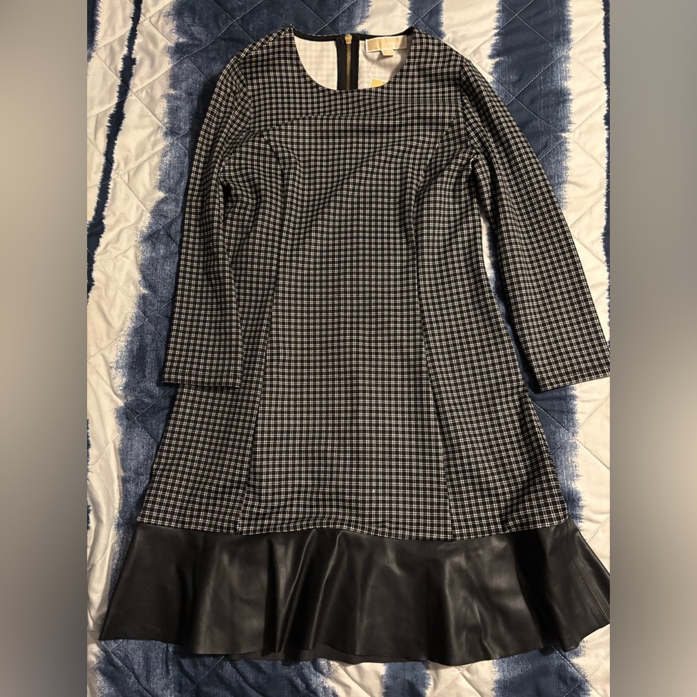 Micheal kors Black and Gray Checkered Dress with Leather Hem